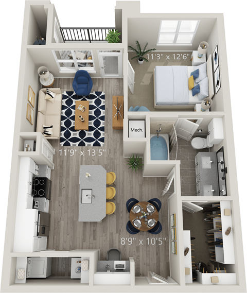 A4 - Luxury one bedroom apartment with living room kitchen with island bathroom with bathtub closet and patio with storage